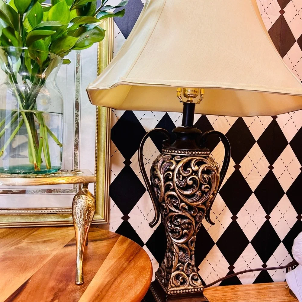 Ornate Moody Lamps Pair  Vintage Black & Gold Table Lamps w/ Cream Ivory Shades